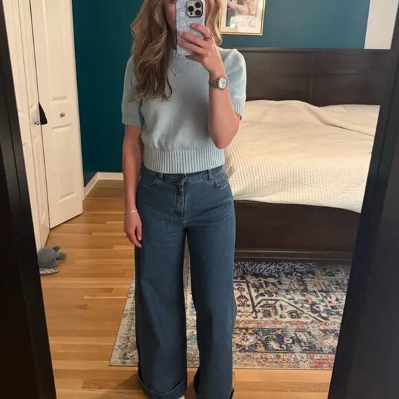 Toccin Blue Cropped Sweater Top MEDIUM Short Sleeve Preppy Spring Cotton $242 - Picture 8 of 12